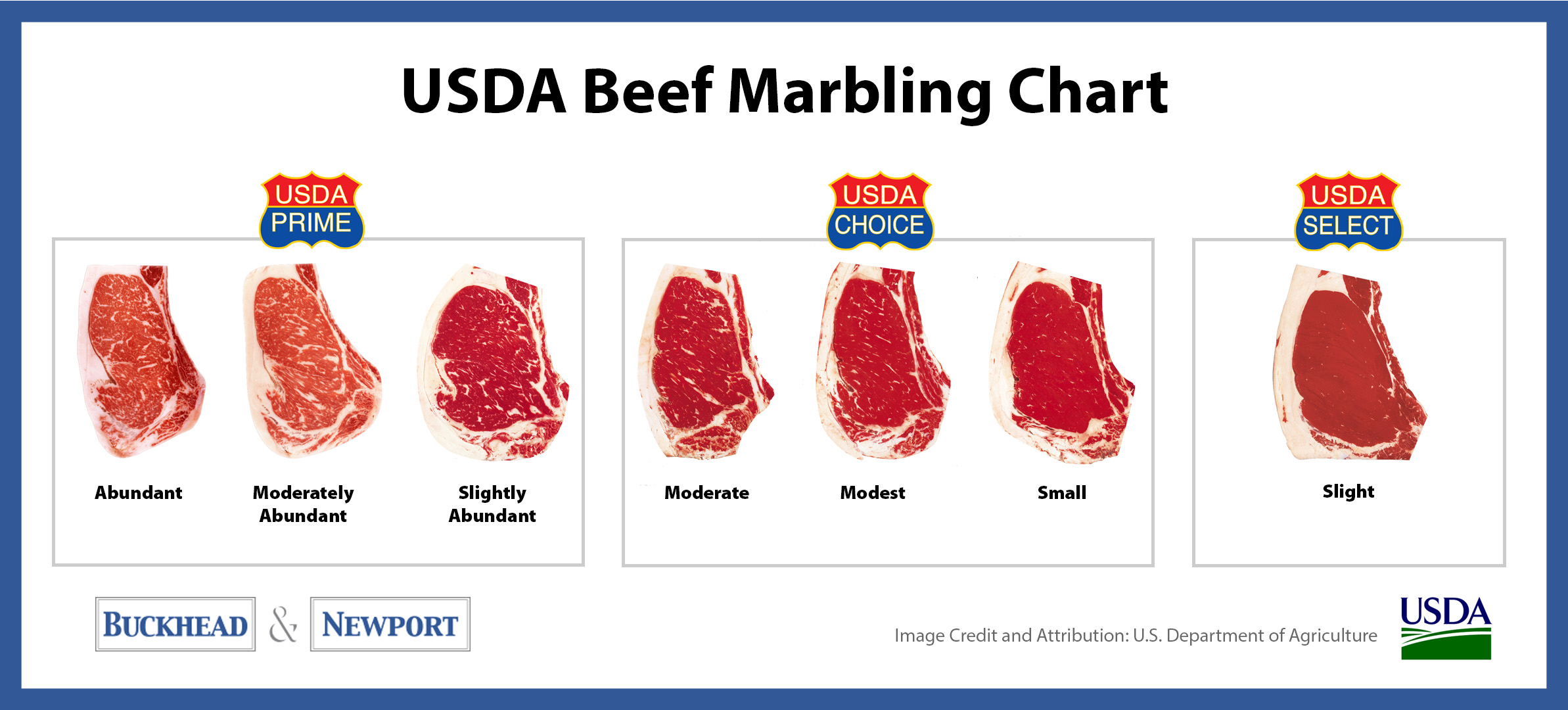 A chart of different cuts of beef illustrating the differences in marbling that go into the USDA Beef Quality Grades.