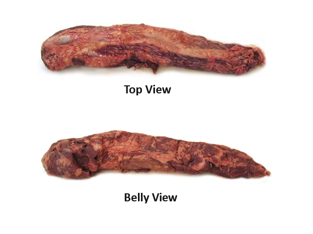 A top view and belly view of a PSMO (peeled, side muscle off) tenderloin cut of beef.